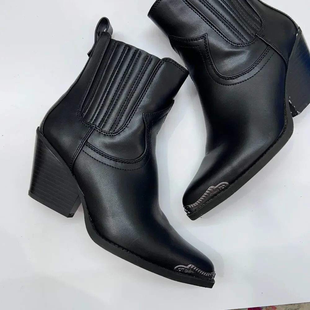 Zodiac Heeled Western Ankle Boot Bootie 9.5 Black Silver Faux Leather Nashville